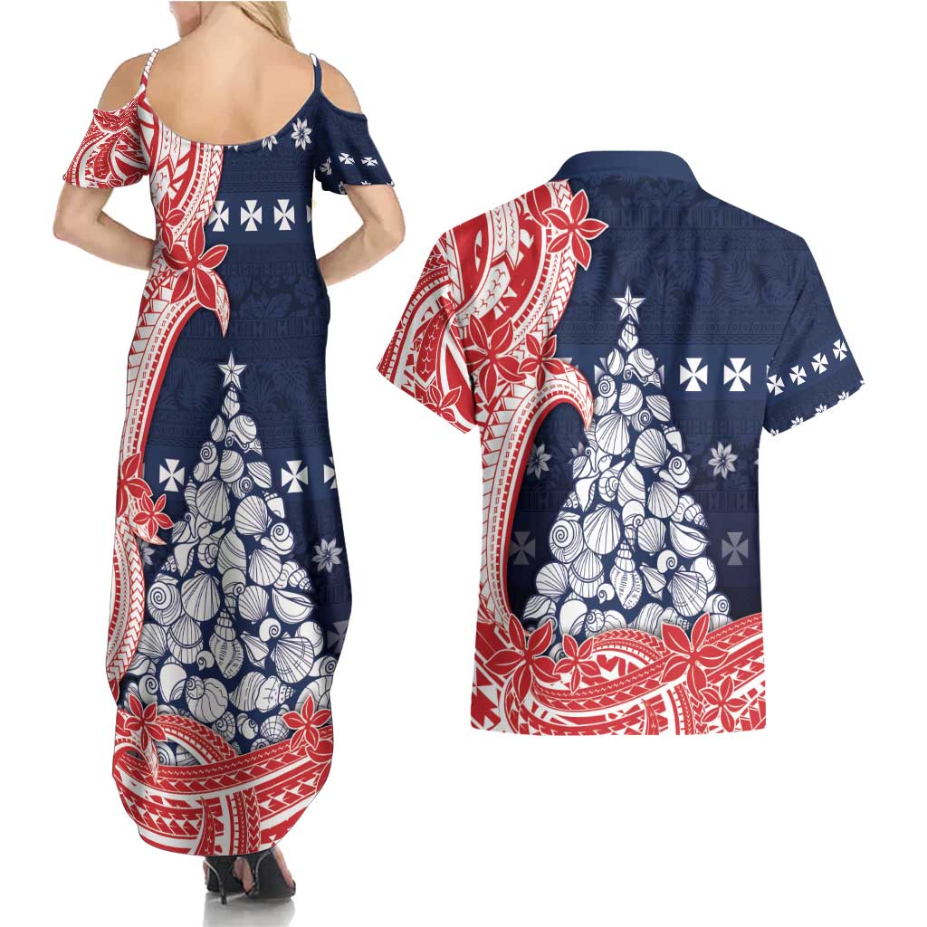 Wallis And Futuna Christmas Couples Matching Summer Maxi Dress and Hawaiian Shirt Seashell Xmas Tree Tribal Waves - Polynesian Pride