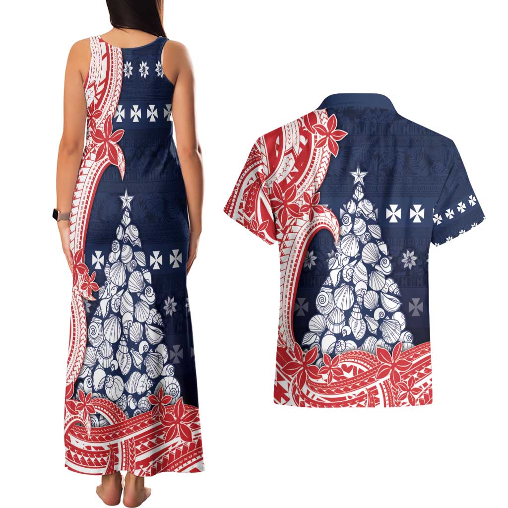 Wallis And Futuna Christmas Couples Matching Tank Maxi Dress and Hawaiian Shirt Seashell Xmas Tree Tribal Waves - Polynesian Pride