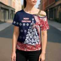 Wallis And Futuna Christmas Cross Shoulder Shirt Seashell Xmas Tree Tribal Waves - Polynesian Pride