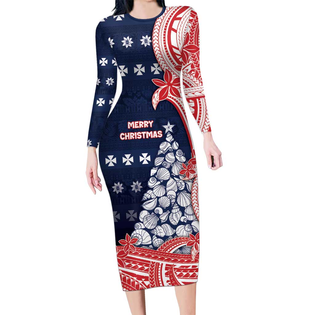 Wallis And Futuna Christmas Family Matching Long Sleeve Bodycon Dress and Hawaiian Shirt Seashell Xmas Tree Tribal Waves - Polynesian Pride
