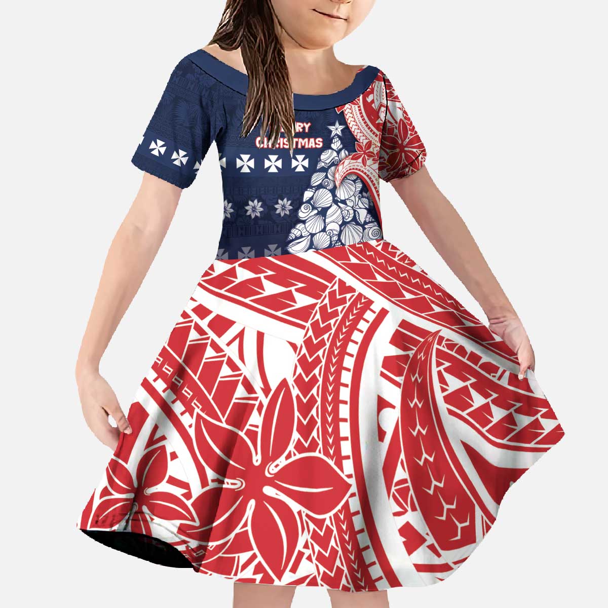 Wallis And Futuna Christmas Family Matching Off The Shoulder Long Sleeve Dress and Hawaiian Shirt Seashell Xmas Tree Tribal Waves - Polynesian Pride