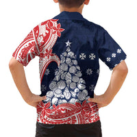 Wallis And Futuna Christmas Family Matching Off Shoulder Short Dress and Hawaiian Shirt Seashell Xmas Tree Tribal Waves - Polynesian Pride