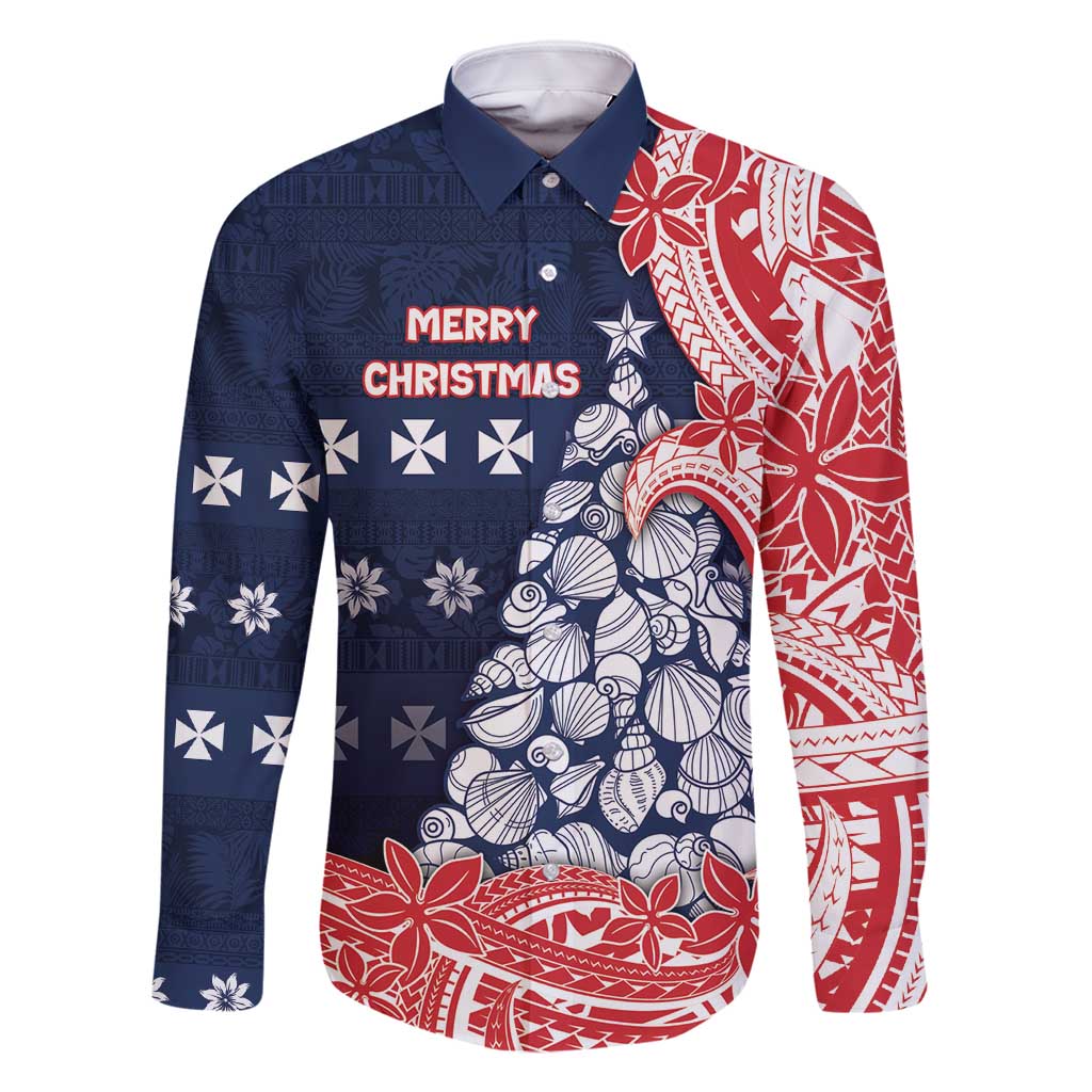 Wallis And Futuna Christmas Family Matching Off Shoulder Short Dress and Hawaiian Shirt Seashell Xmas Tree Tribal Waves - Polynesian Pride