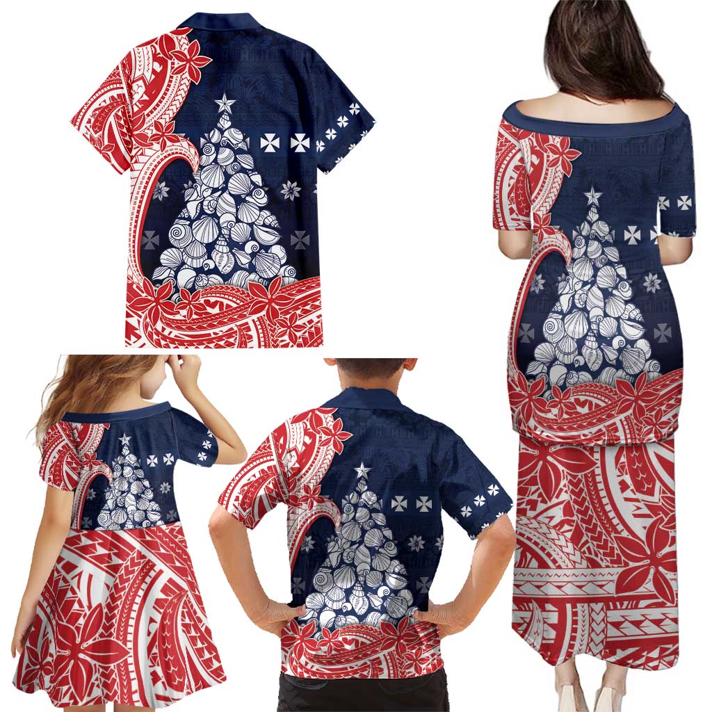 Wallis And Futuna Christmas Family Matching Puletasi and Hawaiian Shirt Seashell Xmas Tree Tribal Waves - Polynesian Pride