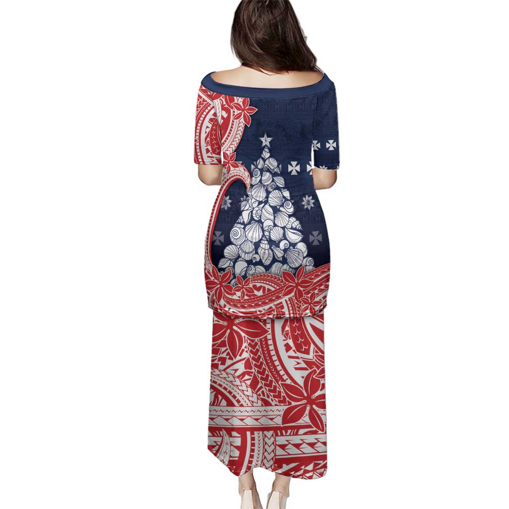 Wallis And Futuna Christmas Family Matching Puletasi and Hawaiian Shirt Seashell Xmas Tree Tribal Waves - Polynesian Pride