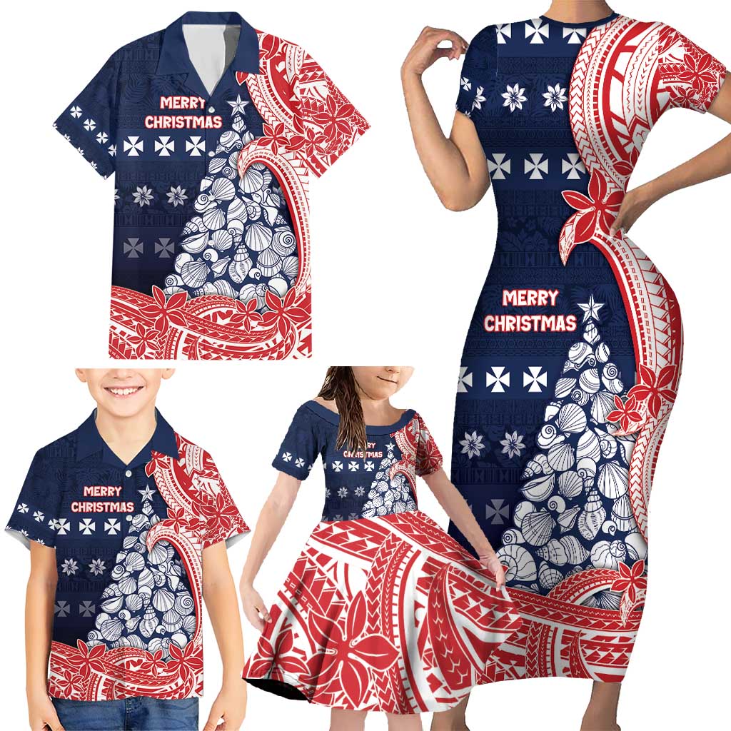 Wallis And Futuna Christmas Family Matching Short Sleeve Bodycon Dress and Hawaiian Shirt Seashell Xmas Tree Tribal Waves - Polynesian Pride