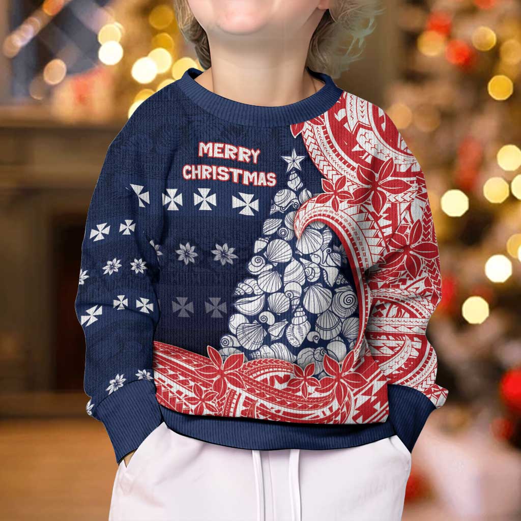 Wallis And Futuna Christmas Kid Ugly Christmas Sweater Seashell Xmas Tree Tribal Waves - Polynesian Pride