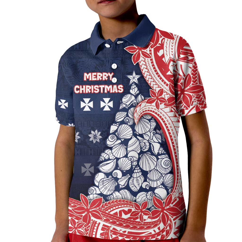 Wallis And Futuna Christmas Kid Polo Shirt Seashell Xmas Tree Tribal Waves - Polynesian Pride