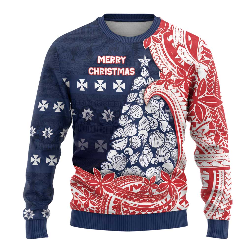 Wallis And Futuna Christmas Ugly Christmas Sweater Seashell Xmas Tree Tribal Waves - Polynesian Pride