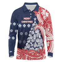 Wallis And Futuna Christmas Long Sleeve Polo Shirt Seashell Xmas Tree Tribal Waves - Polynesian Pride