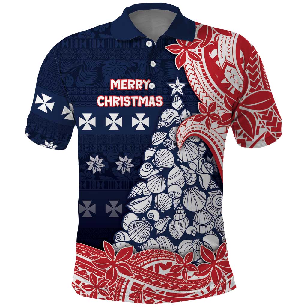 Wallis And Futuna Christmas Polo Shirt Seashell Xmas Tree Tribal Waves - Polynesian Pride