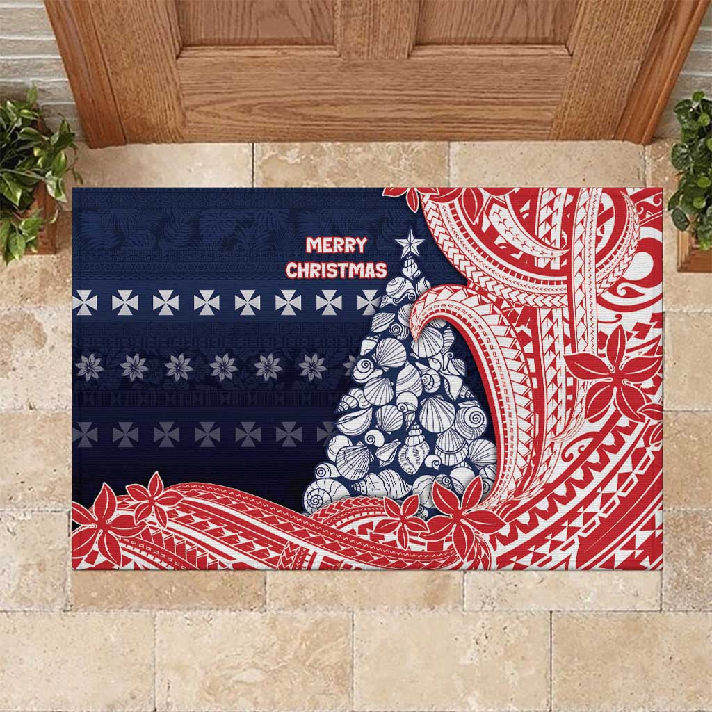 Wallis And Futuna Christmas Rubber Doormat Seashell Xmas Tree Tribal Waves - Polynesian Pride