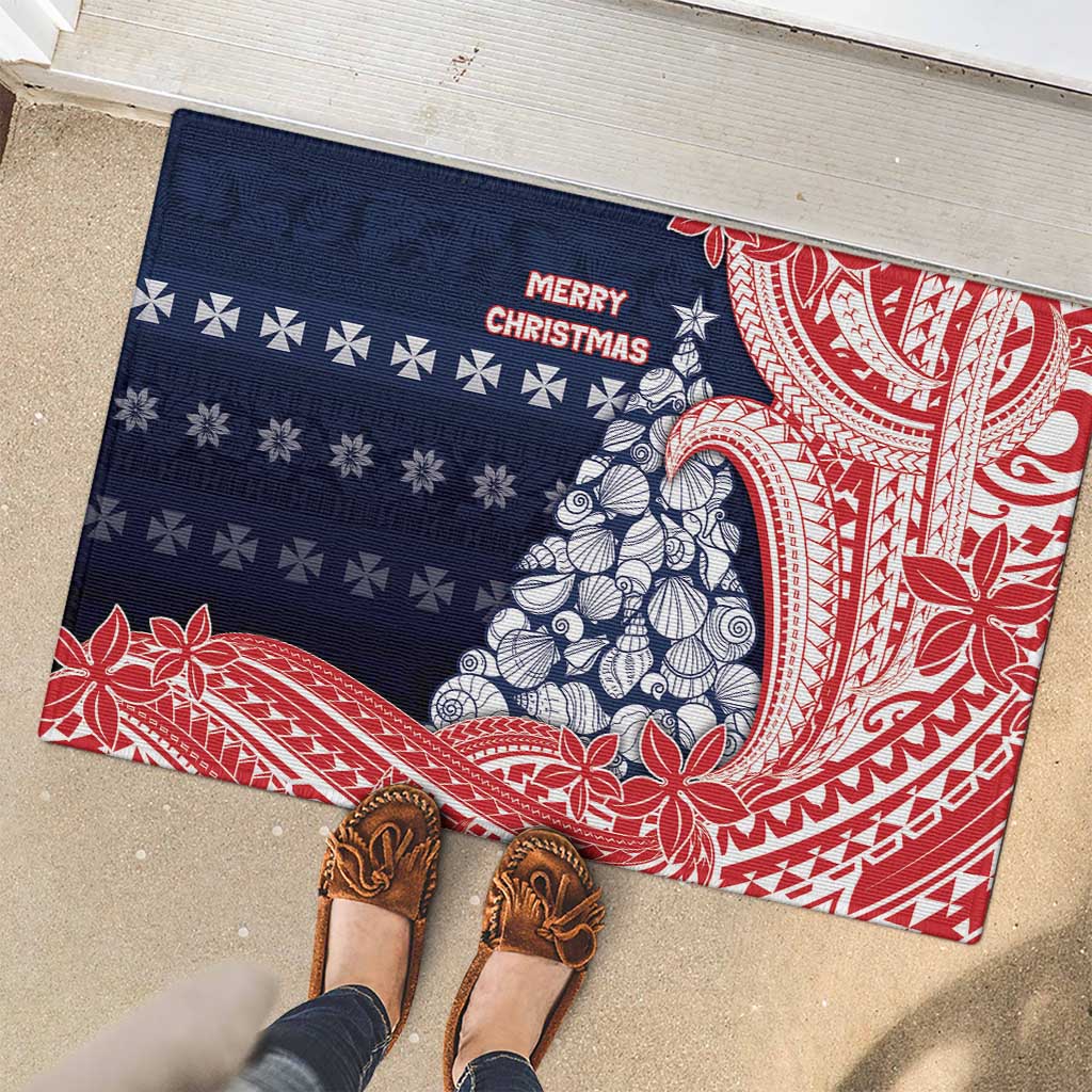 Wallis And Futuna Christmas Rubber Doormat Seashell Xmas Tree Tribal Waves - Polynesian Pride