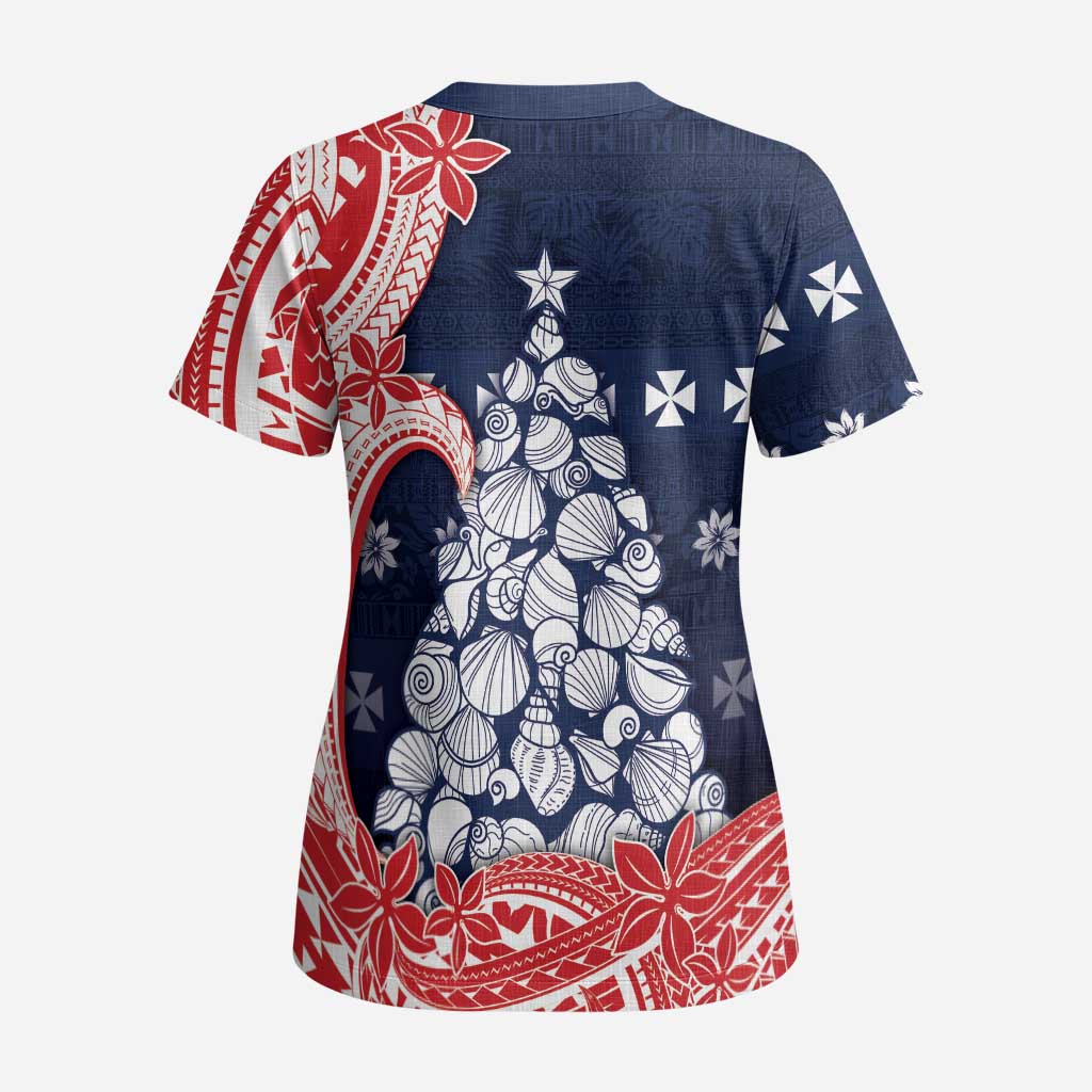 Wallis And Futuna Christmas Scrub Top Seashell Xmas Tree Tribal Waves - Polynesian Pride