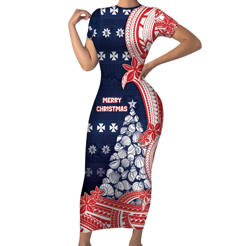 Wallis And Futuna Christmas Short Sleeve Bodycon Dress Seashell Xmas Tree Tribal Waves - Polynesian Pride