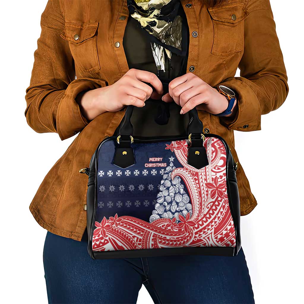 Wallis And Futuna Christmas Shoulder Handbag Seashell Xmas Tree Tribal Waves - Polynesian Pride