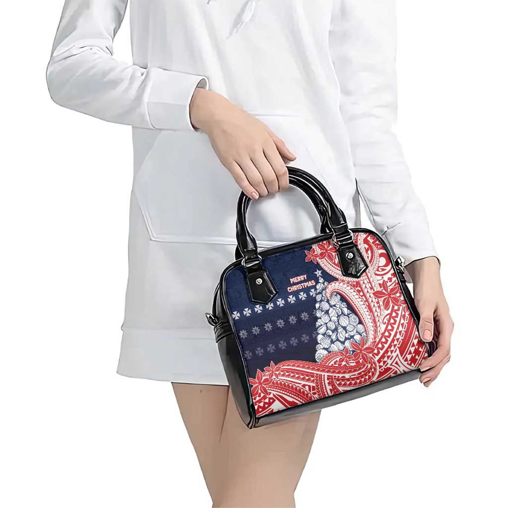 Wallis And Futuna Christmas Shoulder Handbag Seashell Xmas Tree Tribal Waves - Polynesian Pride