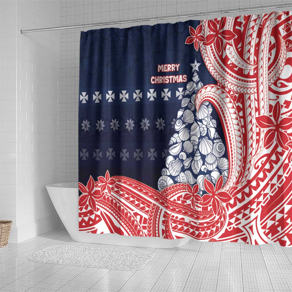 Wallis And Futuna Christmas Shower Curtain Seashell Xmas Tree Tribal Waves - Polynesian Pride