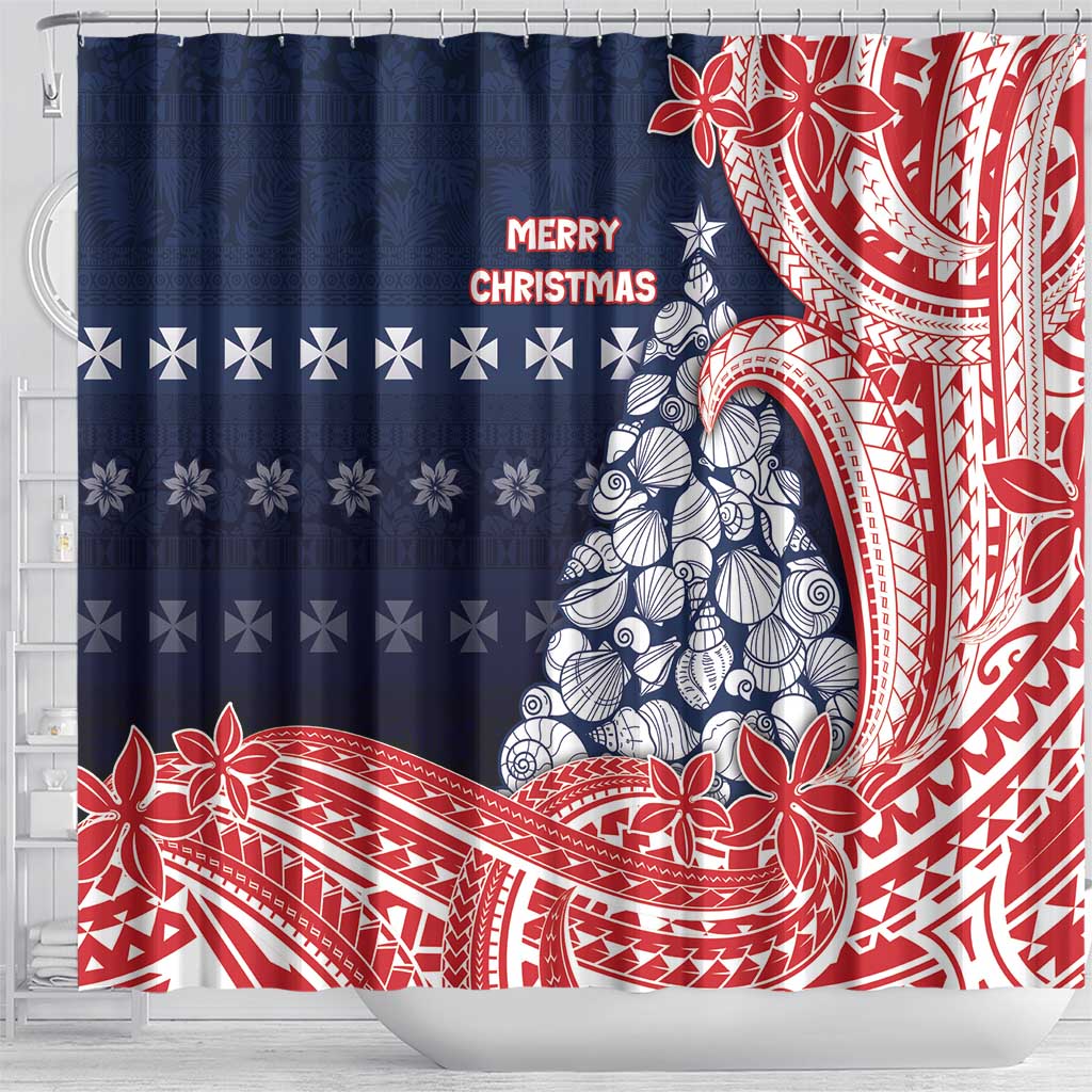 Wallis And Futuna Christmas Shower Curtain Seashell Xmas Tree Tribal Waves - Polynesian Pride