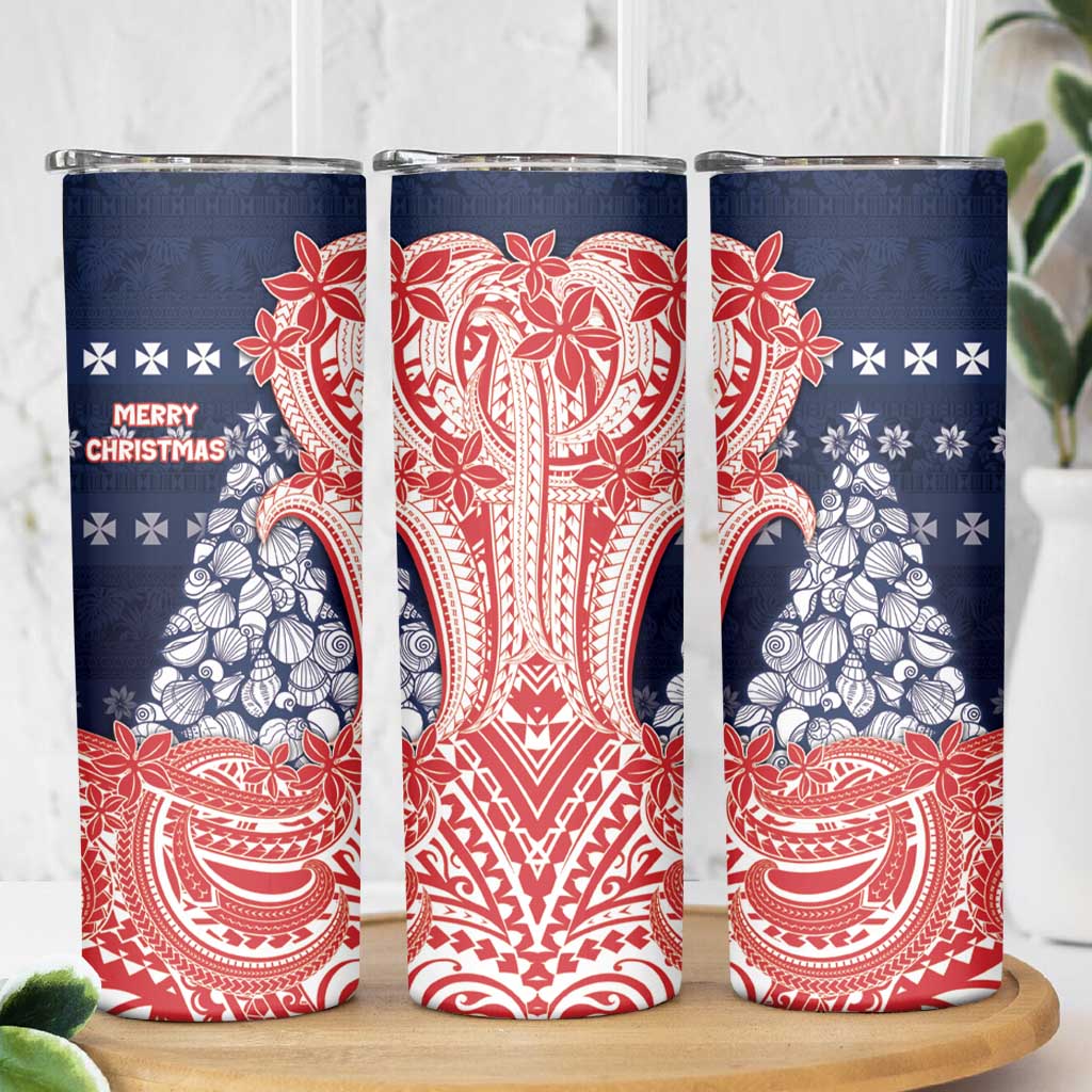 Wallis And Futuna Christmas Skinny Tumbler Seashell Xmas Tree Tribal Waves - Polynesian Pride