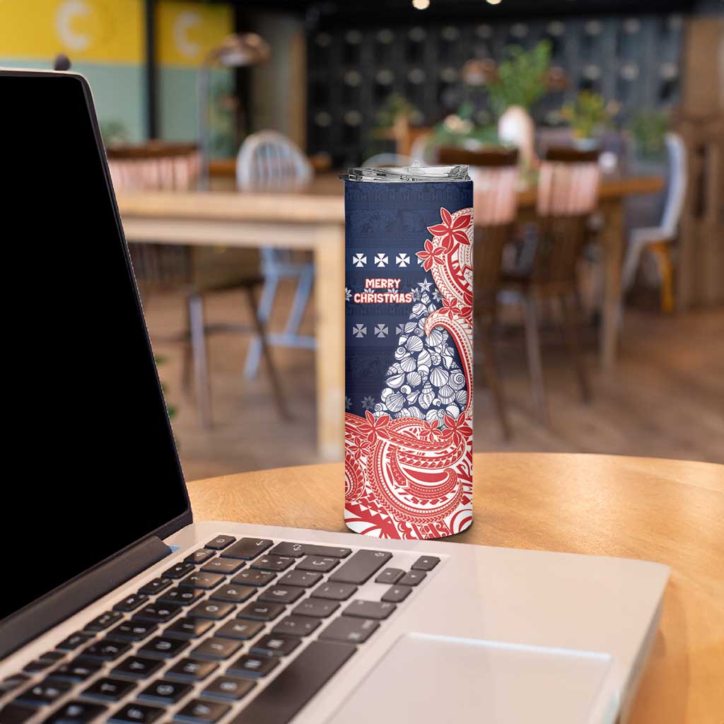 Wallis And Futuna Christmas Skinny Tumbler Seashell Xmas Tree Tribal Waves - Polynesian Pride