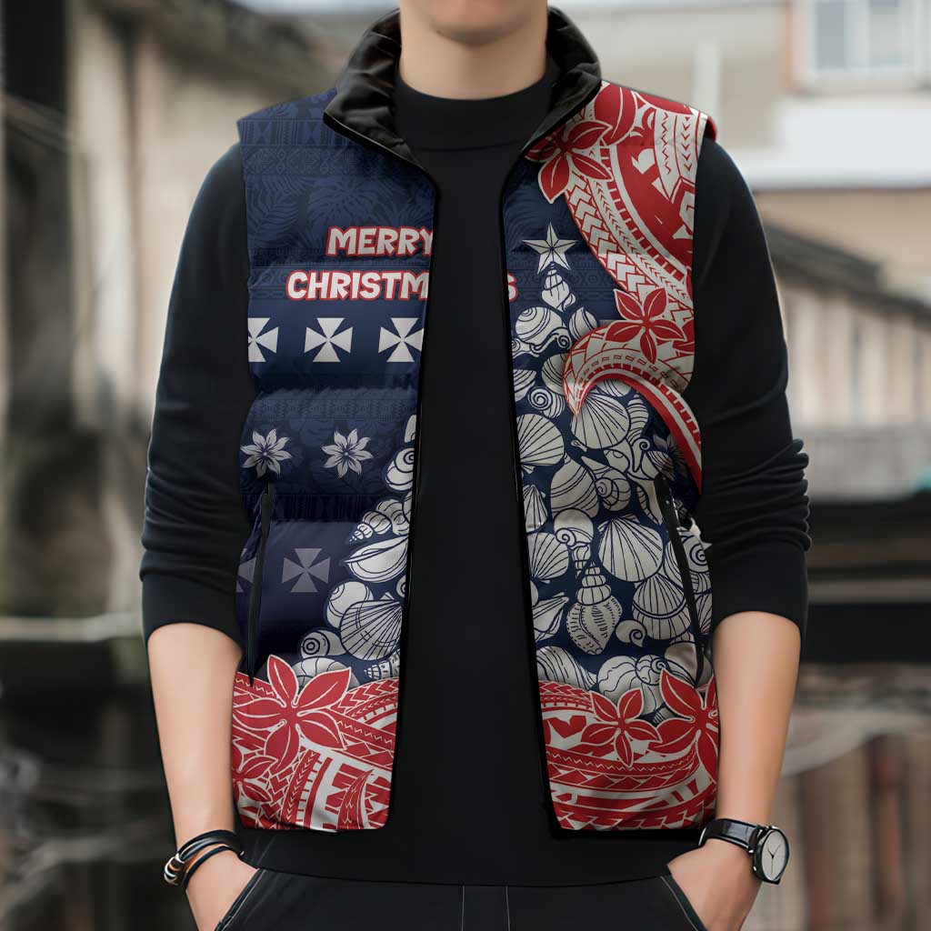 Wallis And Futuna Christmas Sleeveless Puffer Jacket Seashell Xmas Tree Tribal Waves - Polynesian Pride