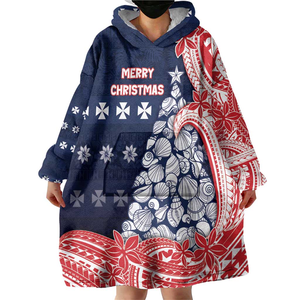 Wallis And Futuna Christmas Wearable Blanket Hoodie Seashell Xmas Tree Tribal Waves - Polynesian Pride
