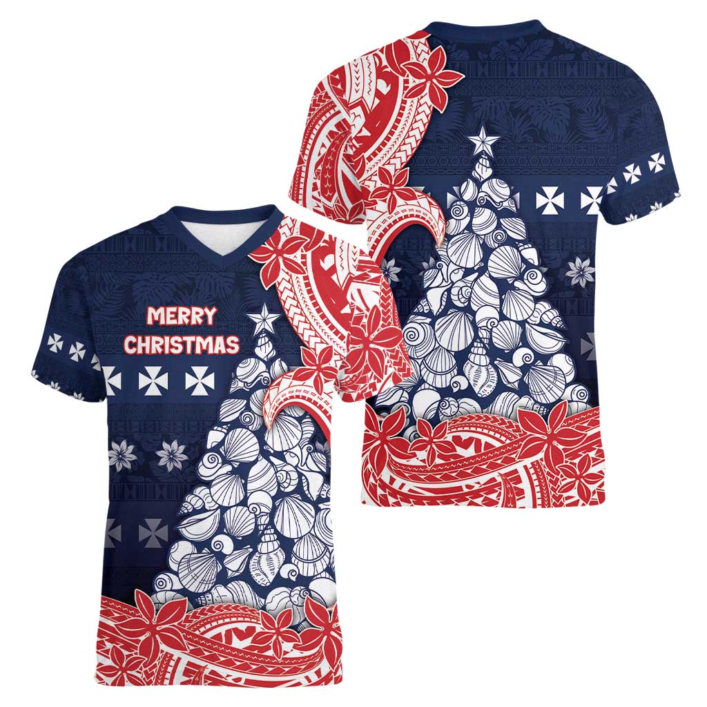 Wallis And Futuna Christmas Women V-Neck T-Shirt Seashell Xmas Tree Tribal Waves - Polynesian Pride