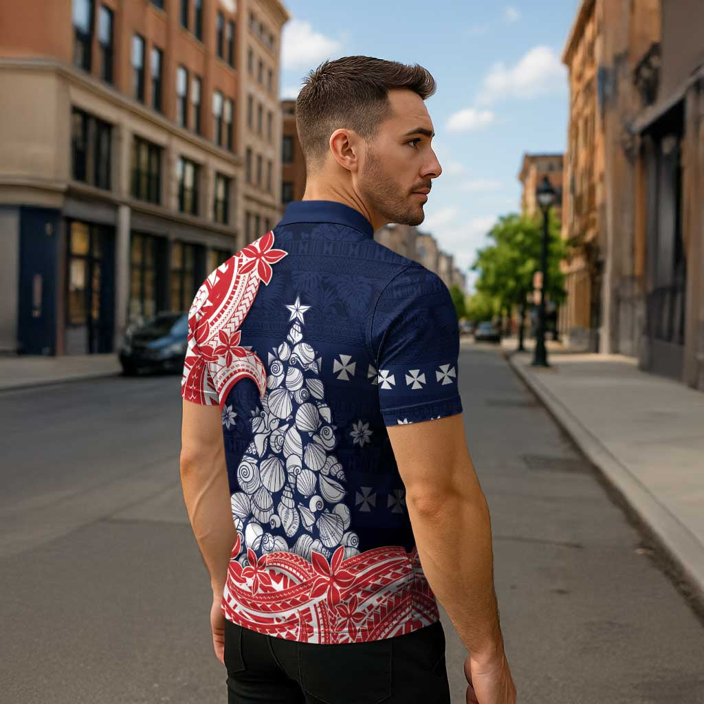Wallis And Futuna Christmas Zipper Polo Shirt Seashell Xmas Tree Tribal Waves - Polynesian Pride