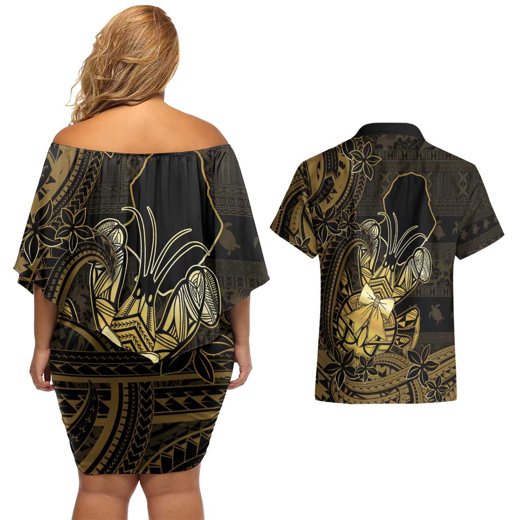 Niue Christmas Couples Matching Off Shoulder Short Dress and Hawaiian Shirt Niuean Crab Xmas Tribal Waves - Polynesian Pride