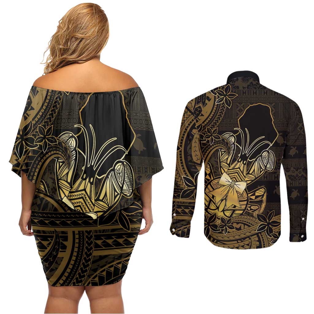 Niue Christmas Couples Matching Off Shoulder Short Dress and Long Sleeve Button Shirt Niuean Crab Xmas Tribal Waves - Polynesian Pride