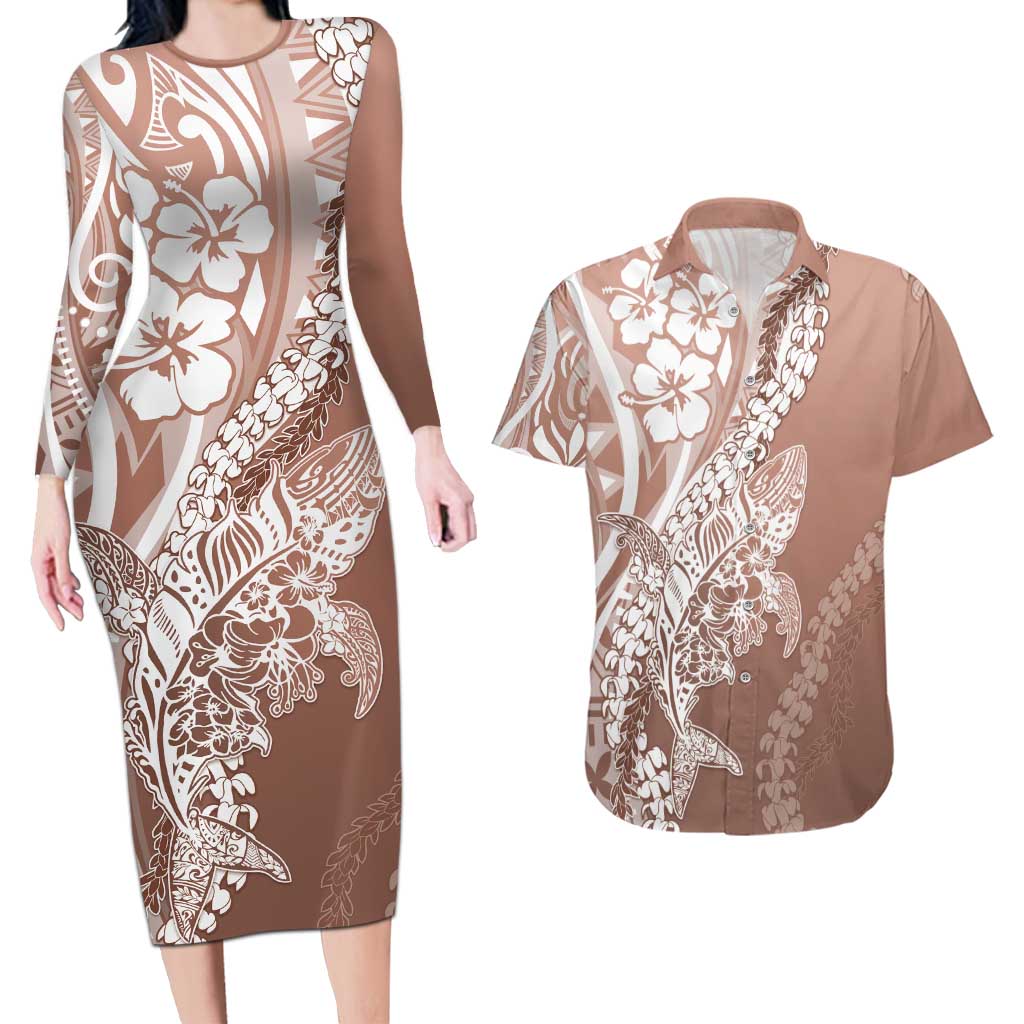 Hawaii Puakenikeni And Maile Lei Couples Matching Long Sleeve Bodycon Dress and Hawaiian Shirt Brown Polynesian Shark Tattoo DT05