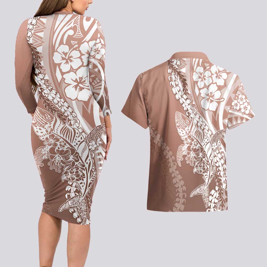 Hawaii Puakenikeni And Maile Lei Couples Matching Long Sleeve Bodycon Dress and Hawaiian Shirt Brown Polynesian Shark Tattoo DT05