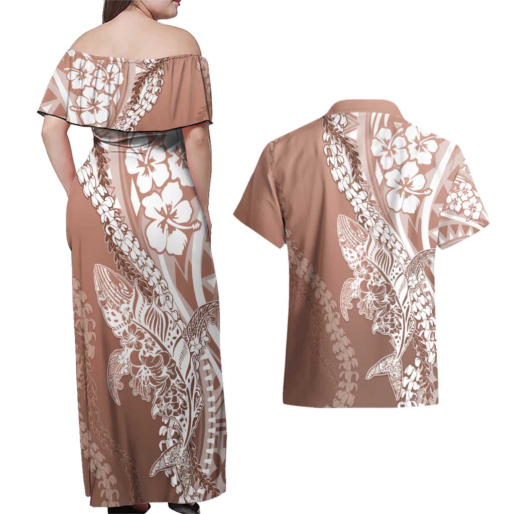Hawaii Puakenikeni And Maile Lei Couples Matching Off Shoulder Maxi Dress and Hawaiian Shirt Brown Polynesian Shark Tattoo DT05