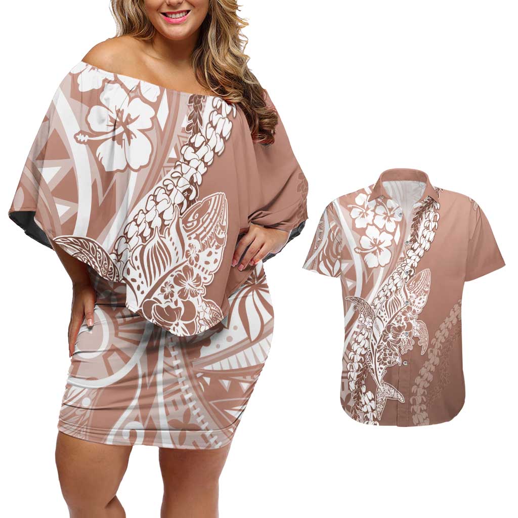 Hawaii Puakenikeni And Maile Lei Couples Matching Off Shoulder Short Dress and Hawaiian Shirt Brown Polynesian Shark Tattoo DT05