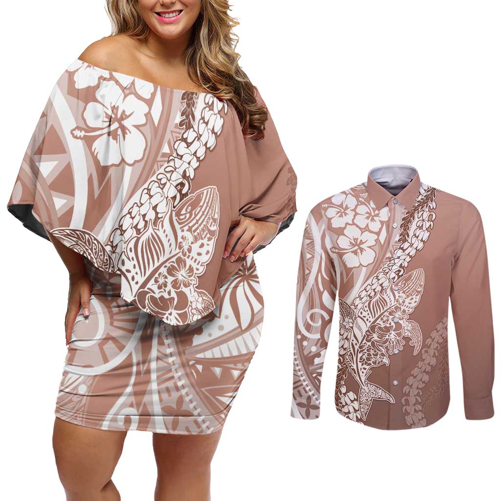 Hawaii Puakenikeni And Maile Lei Couples Matching Off Shoulder Short Dress and Long Sleeve Button Shirt Brown Polynesian Shark Tattoo DT05
