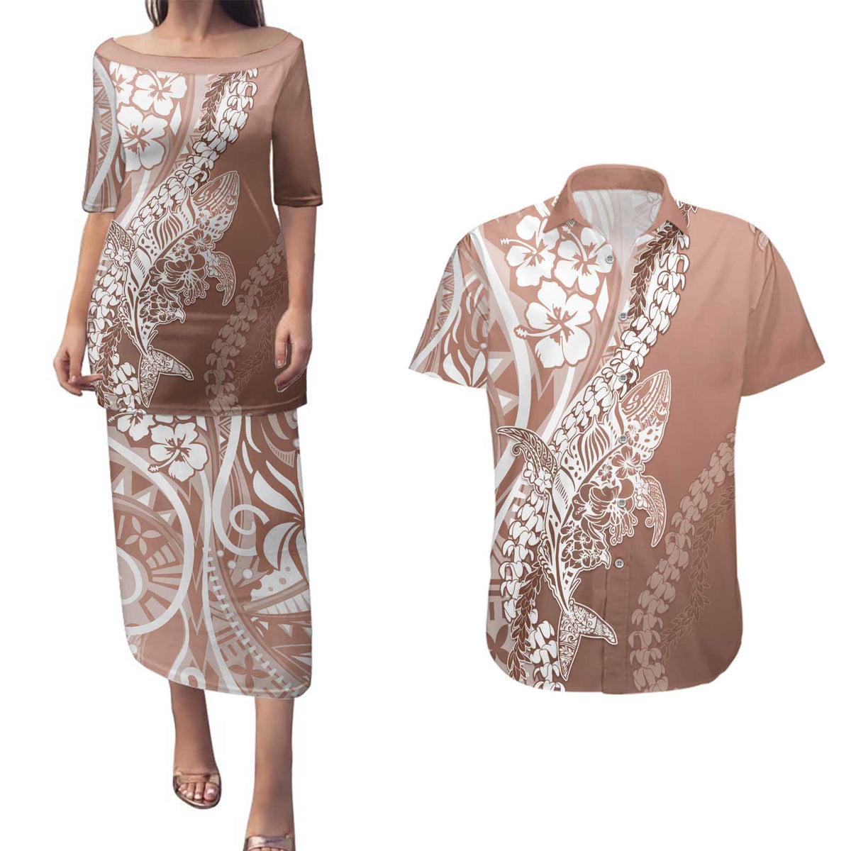 Hawaii Puakenikeni And Maile Lei Couples Matching Puletasi and Hawaiian Shirt Brown Polynesian Shark Tattoo DT05