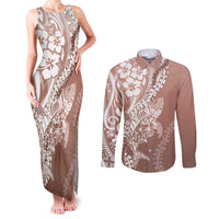 Hawaii Puakenikeni And Maile Lei Couples Matching Tank Maxi Dress and Long Sleeve Button Shirt Brown Polynesian Shark Tattoo DT05