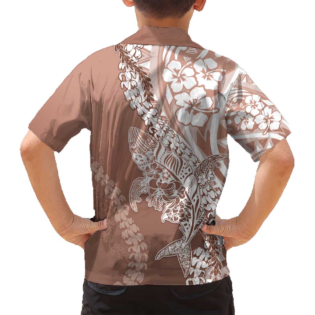 Hawaii Puakenikeni And Maile Lei Family Matching Long Sleeve Bodycon Dress and Hawaiian Shirt Brown Polynesian Shark Tattoo DT05 - Polynesian Pride