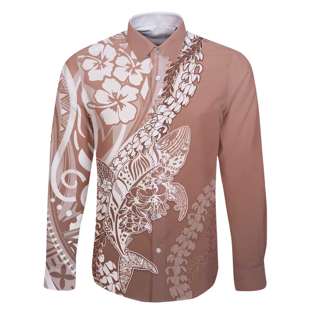Hawaii Puakenikeni And Maile Lei Family Matching Long Sleeve Bodycon Dress and Hawaiian Shirt Brown Polynesian Shark Tattoo DT05 Dad's Shirt - Long Sleeve Brown - Polynesian Pride