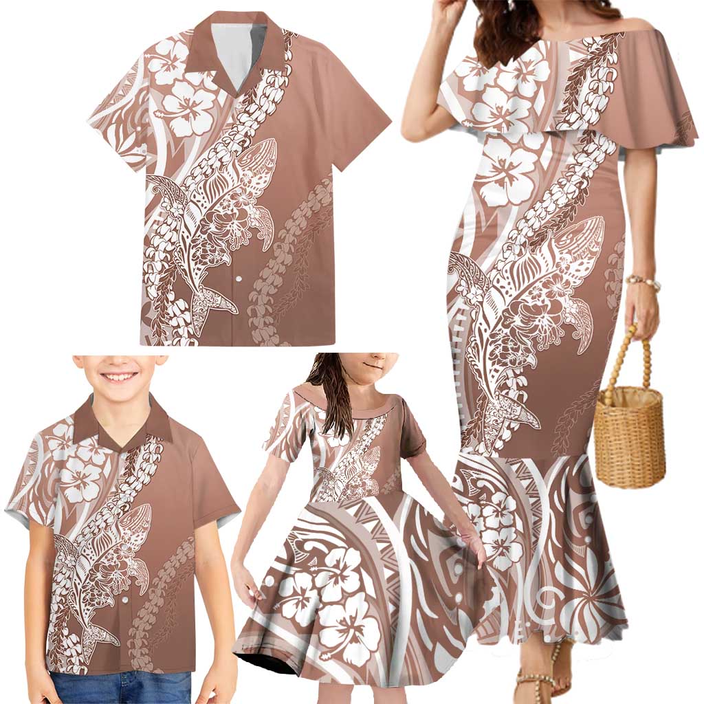 Hawaii Puakenikeni And Maile Lei Family Matching Mermaid Dress and Hawaiian Shirt Brown Polynesian Shark Tattoo DT05