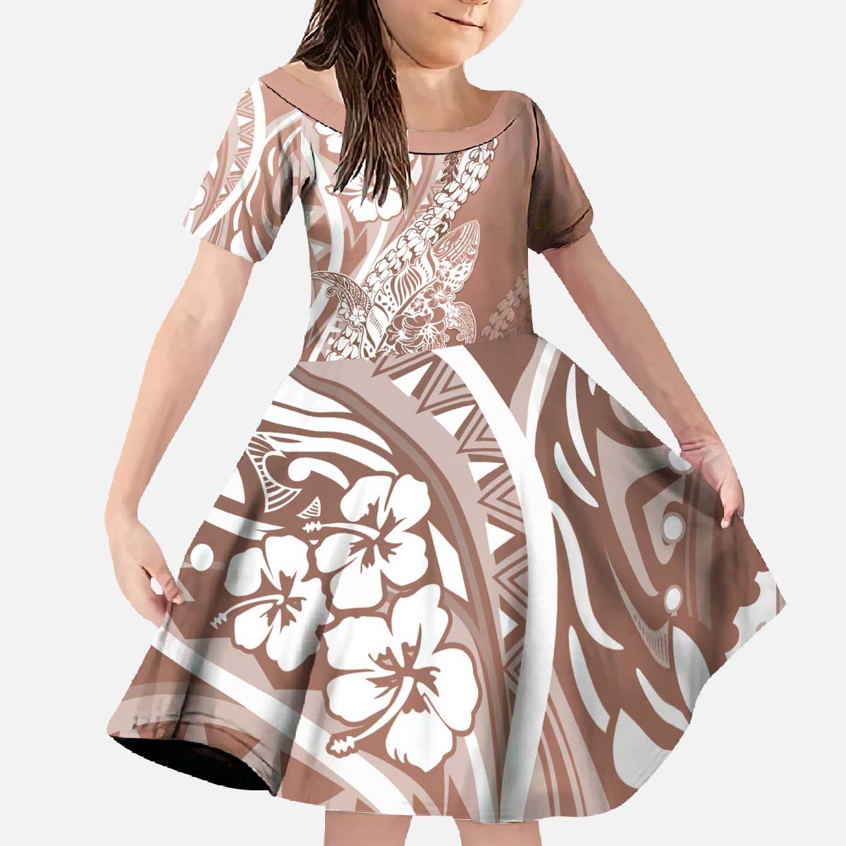 Hawaii Puakenikeni And Maile Lei Family Matching Off The Shoulder Long Sleeve Dress and Hawaiian Shirt Brown Polynesian Shark Tattoo DT05