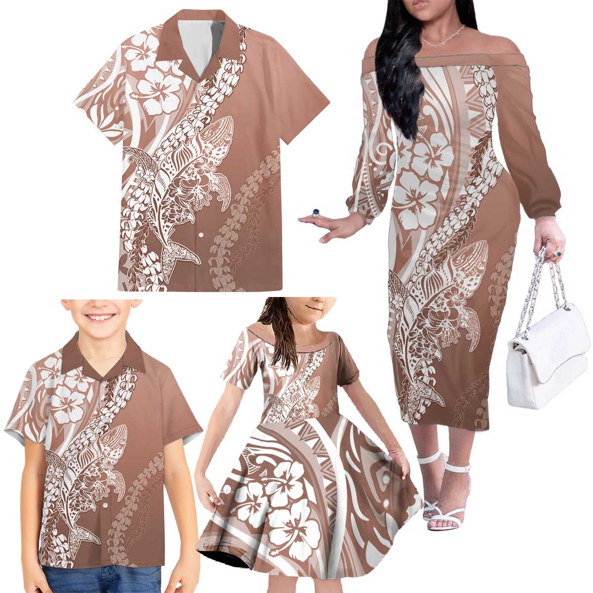 Hawaii Puakenikeni And Maile Lei Family Matching Off The Shoulder Long Sleeve Dress and Hawaiian Shirt Brown Polynesian Shark Tattoo DT05