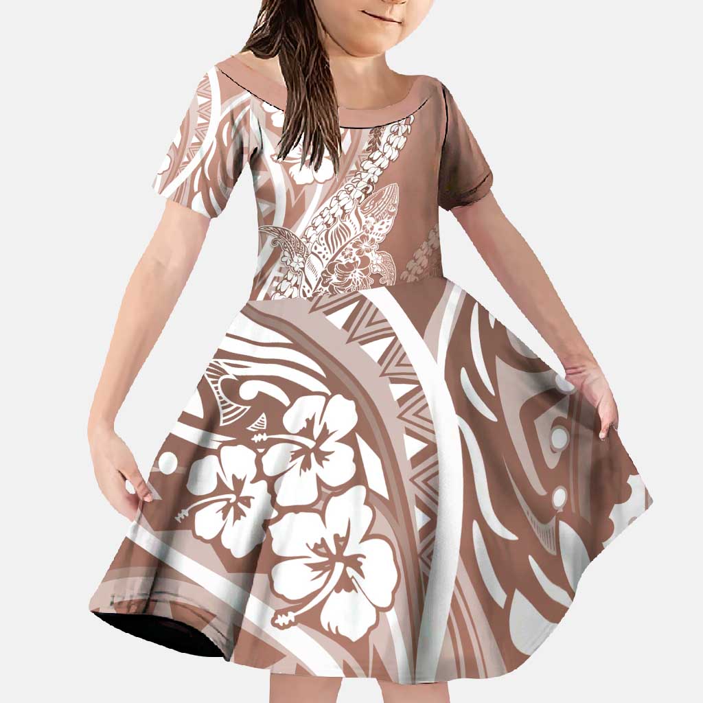 Hawaii Puakenikeni And Maile Lei Family Matching Short Sleeve Bodycon Dress and Hawaiian Shirt Brown Polynesian Shark Tattoo DT05 Daughter's Dress Brown - Polynesian Pride