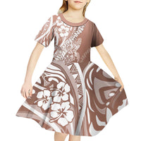 Hawaii Puakenikeni And Maile Lei Kid Short Sleeve Dress Brown Polynesian Shark Tattoo DT05