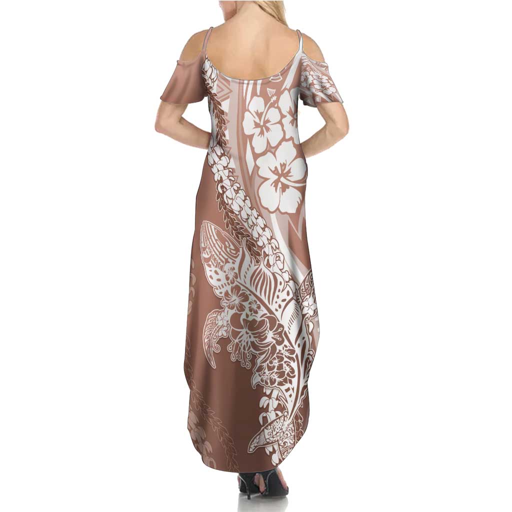 Hawaii Puakenikeni And Maile Lei Summer Maxi Dress Brown Polynesian Shark Tattoo DT05
