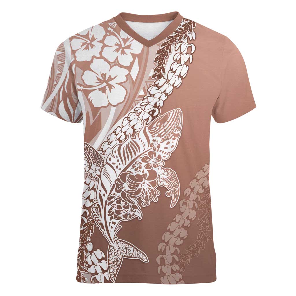 Hawaii Puakenikeni And Maile Lei Women V-Neck T-Shirt Brown Polynesian Shark Tattoo DT05 Female Brown - Polynesian Pride