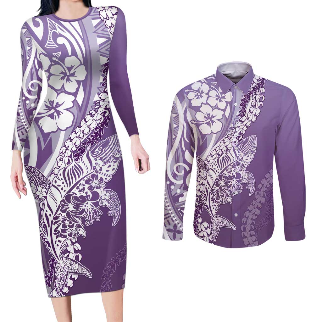 Hawaii Puakenikeni And Maile Lei Couples Matching Long Sleeve Bodycon Dress and Long Sleeve Button Shirt Violet Polynesian Shark Tattoo DT05