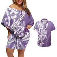 Hawaii Puakenikeni And Maile Lei Couples Matching Off Shoulder Short Dress and Hawaiian Shirt Violet Polynesian Shark Tattoo DT05