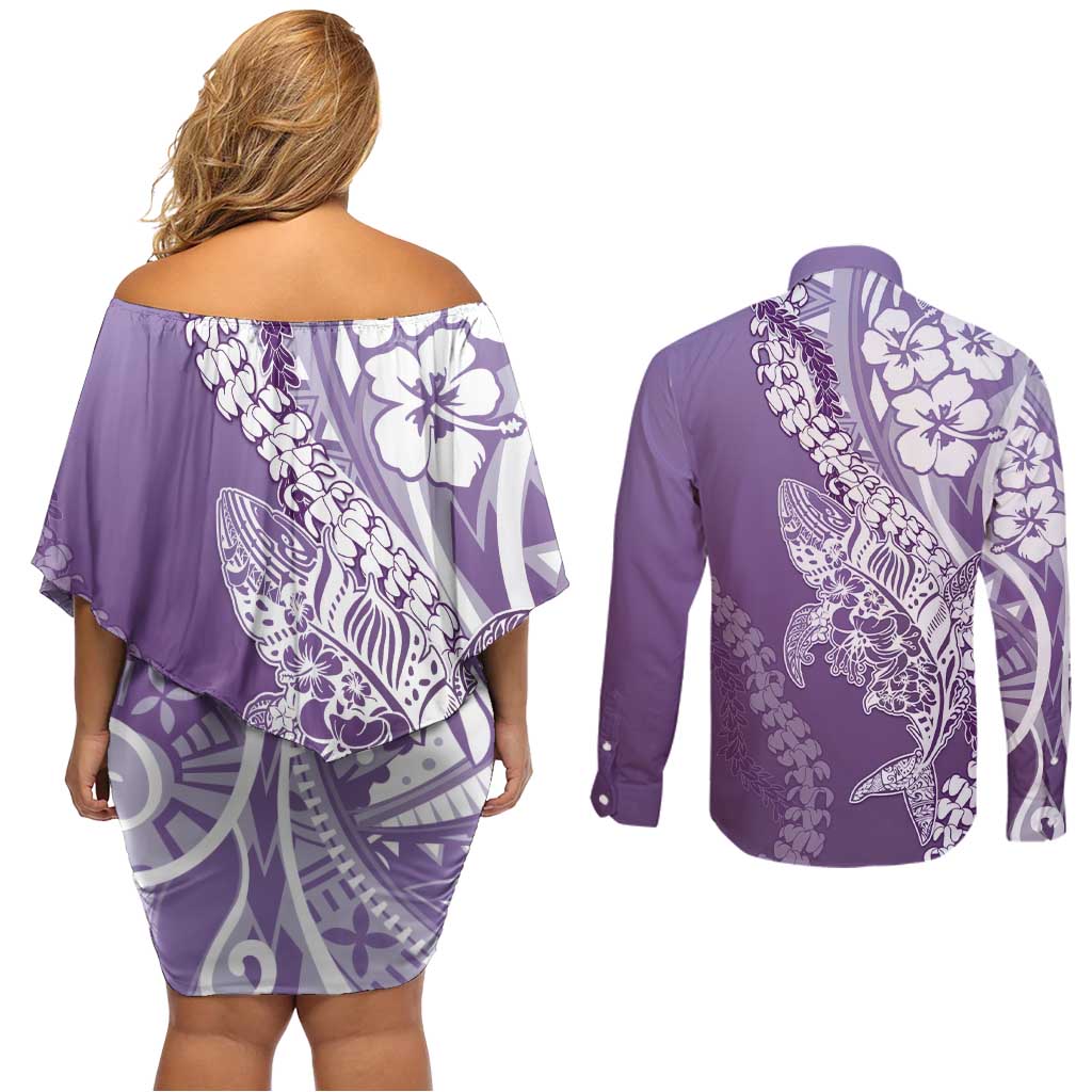 Hawaii Puakenikeni And Maile Lei Couples Matching Off Shoulder Short Dress and Long Sleeve Button Shirt Violet Polynesian Shark Tattoo DT05